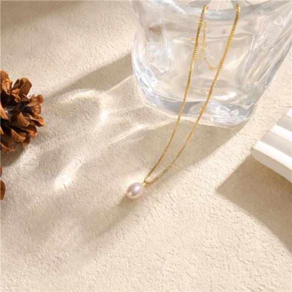 14K Gold Pearl Choker Necklace | Thin Box Chain Adjustable Pendant - Picture 6 of 6